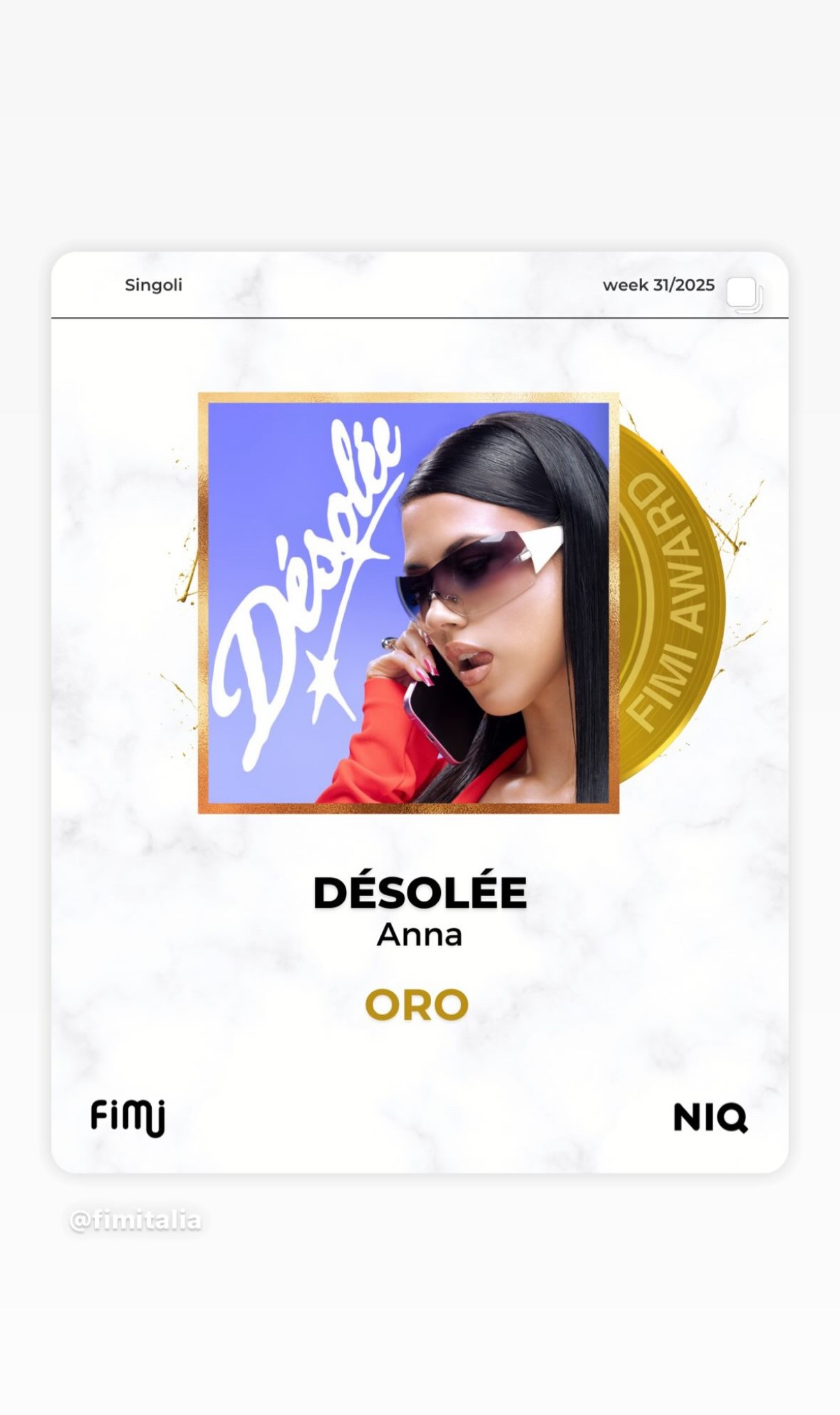 DÉSOLÉE HAS BEEN CERTIFIED GOLD IN ITALY